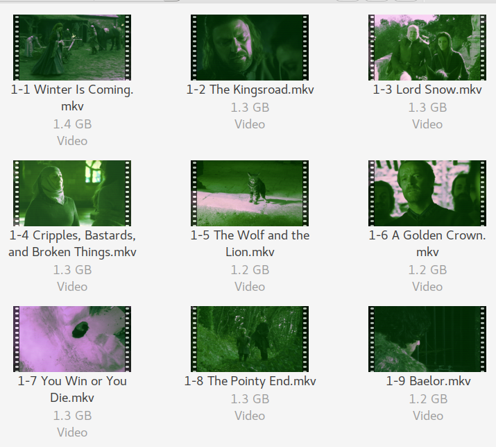 Screenshot of a folder with green video thumbnails